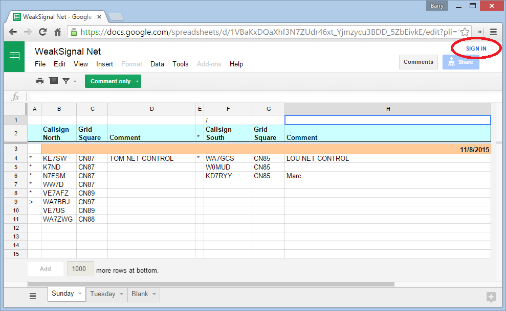Screen shot to highlight Sign In button on Google Spreadsheet