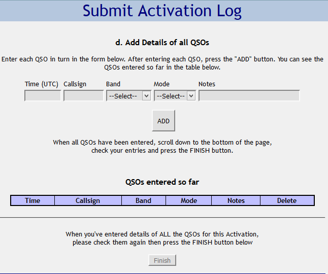 Screen shot of SOTA Submit Activation Log